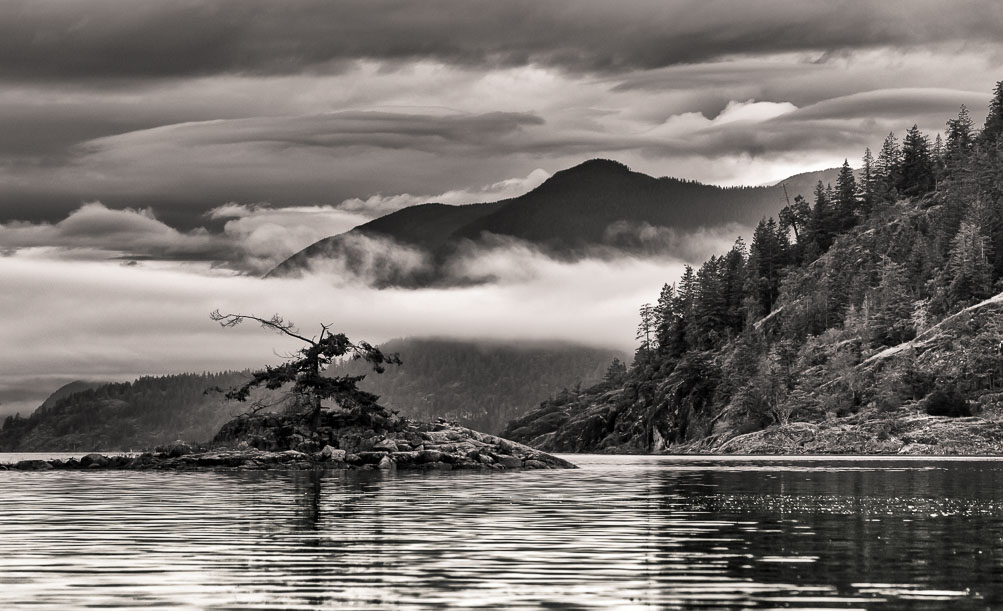 Break in the weather at slack tide, Malaspina Inlet